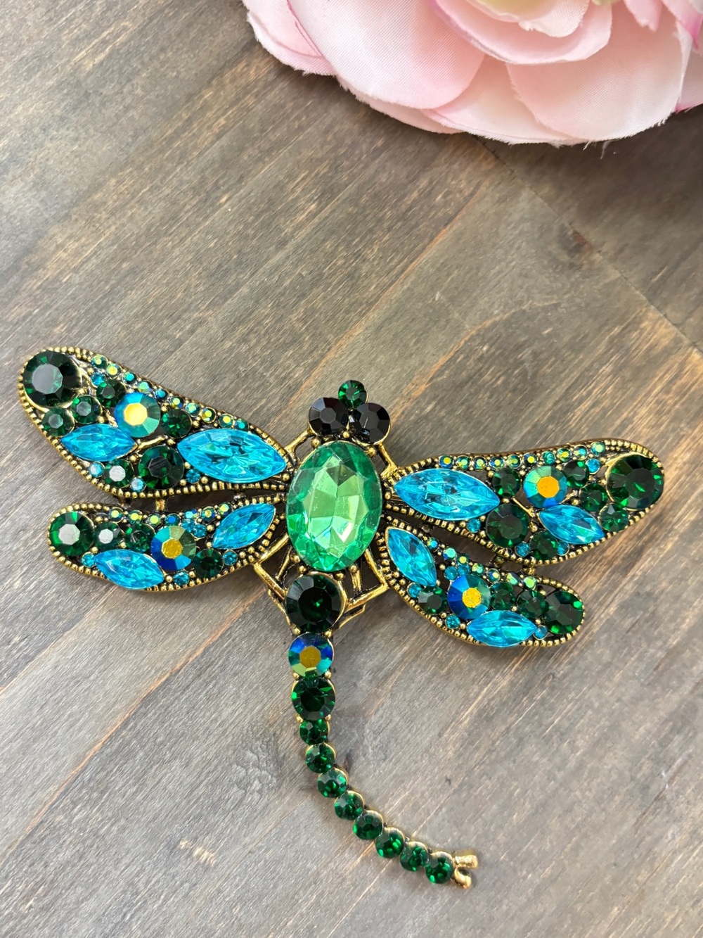 Dragonfly Brooch Green Blue Gold Tone Vintage Style